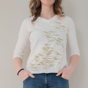 Simple Handprinted Bird Sandpipers White Quarter Sleeve Indie Y2K Style Shirt
